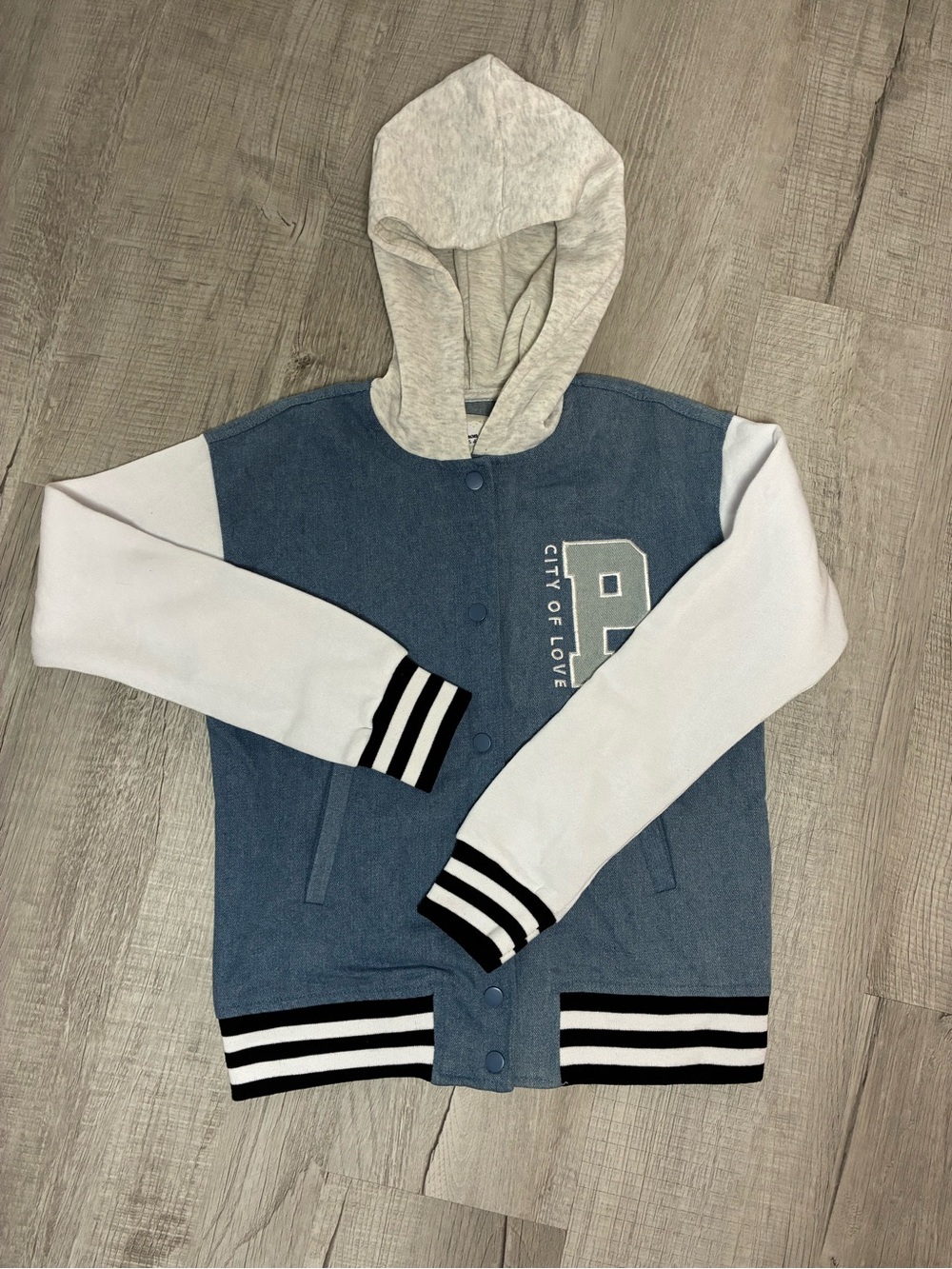 Girls' Varsity Jacket with Hood – Blue and White Varsity Style size 10/12